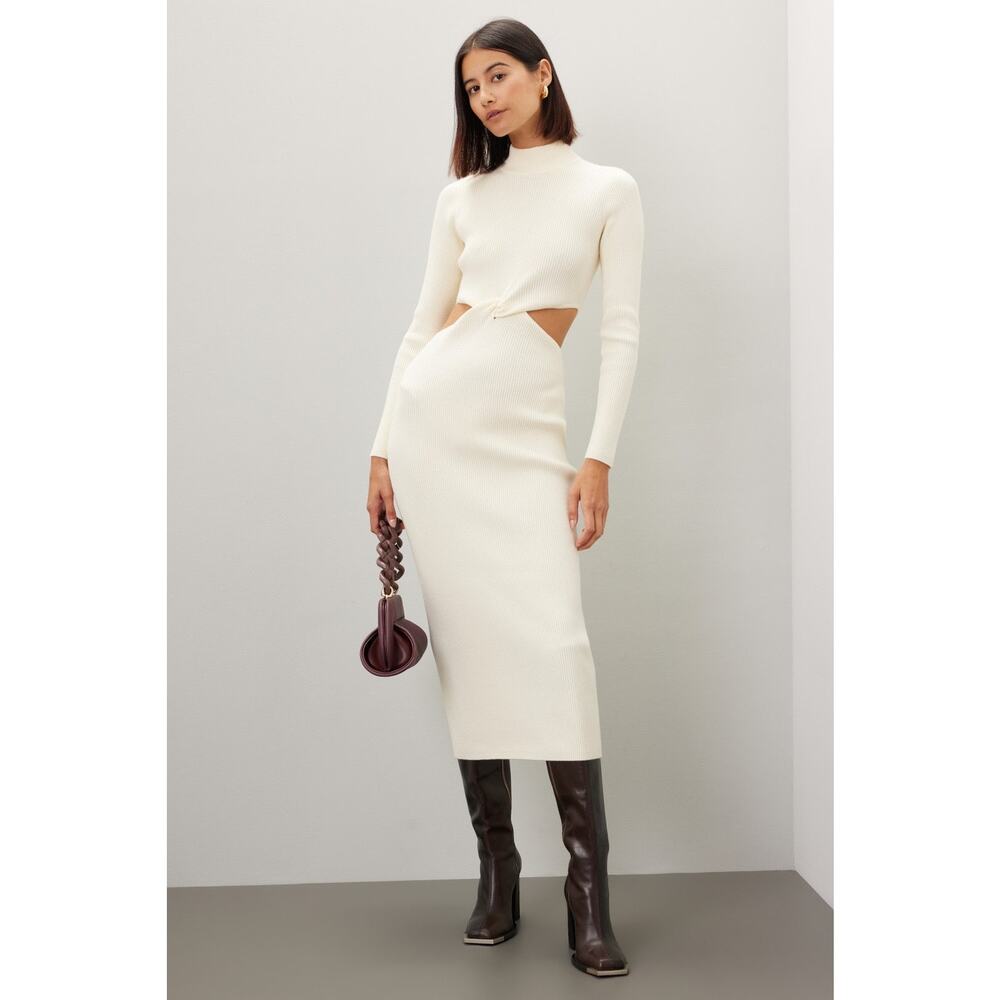RONNY KOBO COLLECTIVE Off-White Knit Mock Neck Twist Cutout Sweater Dress M